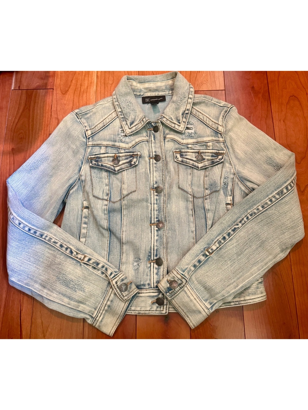 INC Size Medium Light Wash Denim Jacket w/ Sequin Patchwork